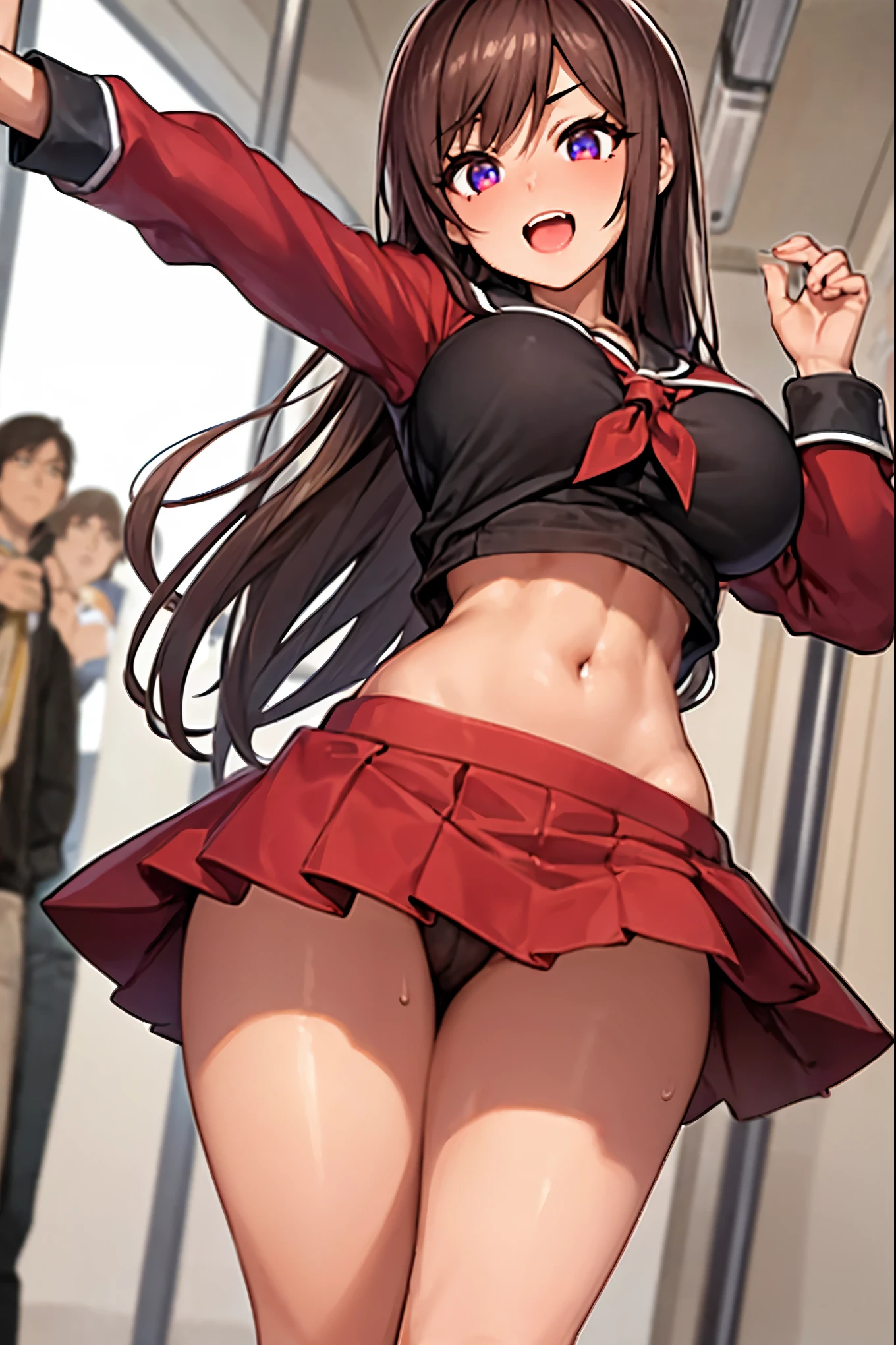 Masterpiece, best quality, small 1girl, dark red hair, wide hips, ((very huge breasts)), no pants, sailor top, backpack, (standing), from afront, bratty, ((detailed pussy)), inside train, bratty girl, o-mouth, underboob, (sloppily dressed), sweat, ((crowded train)), ((multiple people)), ((multiple men)), surrounded by people, blush, detailed open mouth, (panting), gasping, upskirt, ((by shindol)), (tsf monogatari),