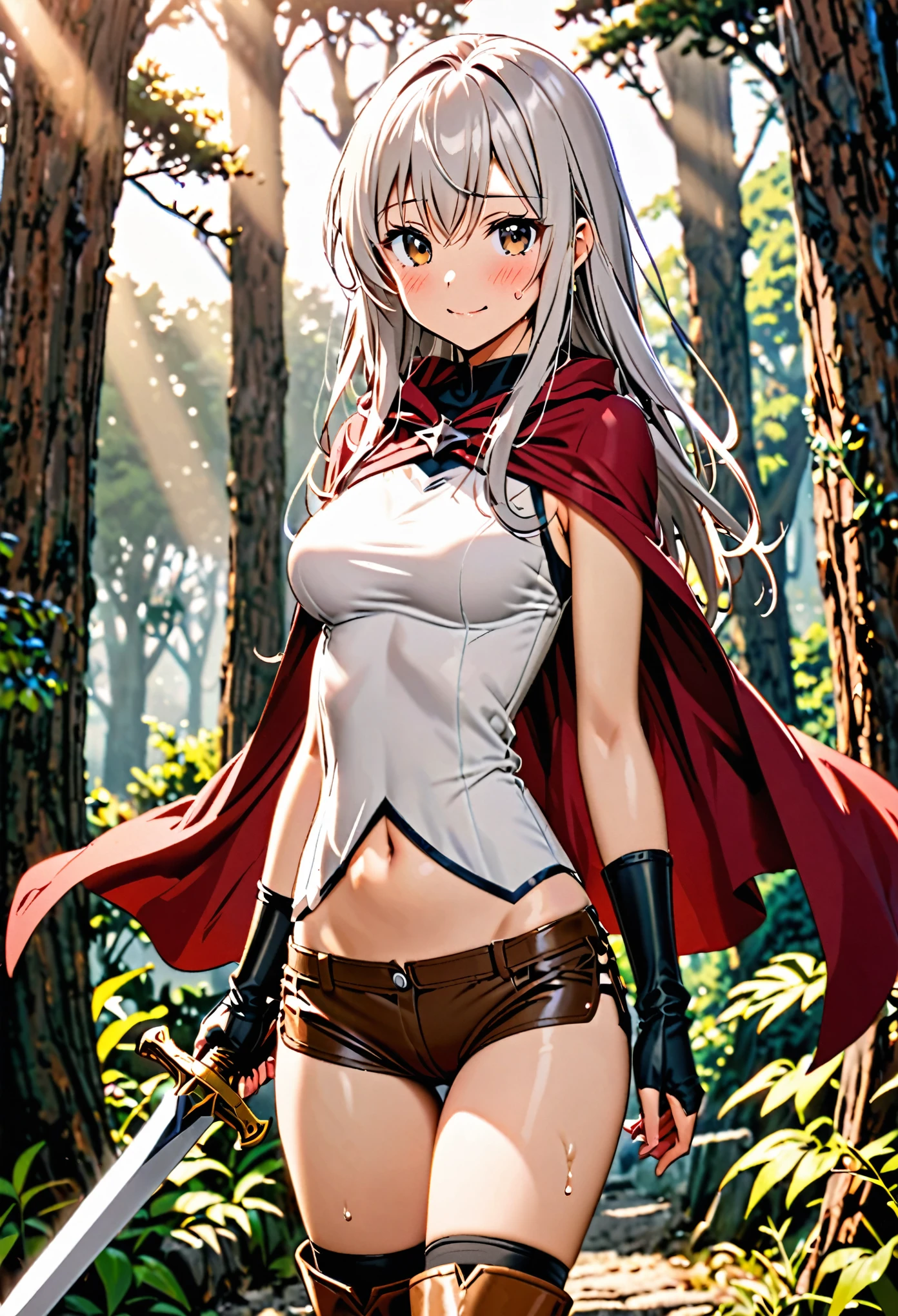 1 female,The perfect 25 years old,((ideal ratio body proportions:1.5,small head:1.7)),(tan skin),((high quality anime, 8k,masterpiece,Perfect Anatomy)),(beautiful detailed face and eyes,gorgeous eye:1.3,Almond Eyes), BREAK ,brown eyes, BREAK ,female knight、(silver hair),Straight long hair,bangs,smile,shy,blush, BREAK ,cowboy shot,medium breasts,slender body,skinny,sweat, BREAK ,Red cloak、A simple sleeveless top in off-white、navel, Brown leather micro shorts、Brown leather long boots、Sword,standing、 BREAK ,A world of swords and magic、Mountain trail、sunlight、