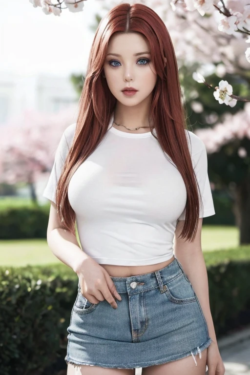 Ultra realistic, incredible high quality, red-haired girl, seductive leaning forward detailed skin, very pale-white (highlighted) skin, goth makeup, ultra realistic, 16k, high quality, picture-perfect, flawless, clean, masterpiece, professional artwork, detailed artwork, cinematic lighting, cinematic bloom, realistic shading, (long red hair)),(1girl,  beautiful korean girl),perfect face, (young:1.1),((fit figure)),((25 year old)), beautiful face, beautiful turquoise-blue eyes (cute eyes look), detail eyes, detail face, (((perfect female body, narrow waist))),(large breasts:1.3)lora:GoodHands-beta2:1>, , ((girl standing)),upper body, white shirt, jeans skirt and pantyhose clothing (realistic texture), thick legs, thick thighs, blade to side, strike pose,blade down,blade right hand,, cherry blossoms,, blurred background  (masterpiece, best quality, high quality, highres, ultra-detailed), different poses at different angles. 