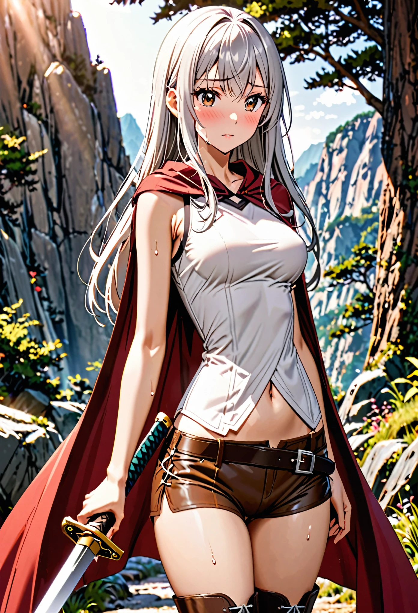 1 female,The perfect 25 years old,((ideal ratio body proportions:1.5,small head:1.7)),(tan skin),((high quality anime, 8k,masterpiece,Perfect Anatomy)),(beautiful detailed face and eyes,gorgeous eye:1.3,Almond Eyes), BREAK ,brown eyes, BREAK ,female knight、(silver hair),Straight long hair,bangs,shy,blush, BREAK ,cowboy shot,medium breasts,slender body,skinny,sweat, BREAK ,Red cloak、A simple sleeveless top in off-white、navel, Brown leather micro shorts、Brown leather long boots、Obi sword at waist,Sword in its sheath、Walking、 BREAK ,A world of swords and magic、Mountain trail、sunlight、