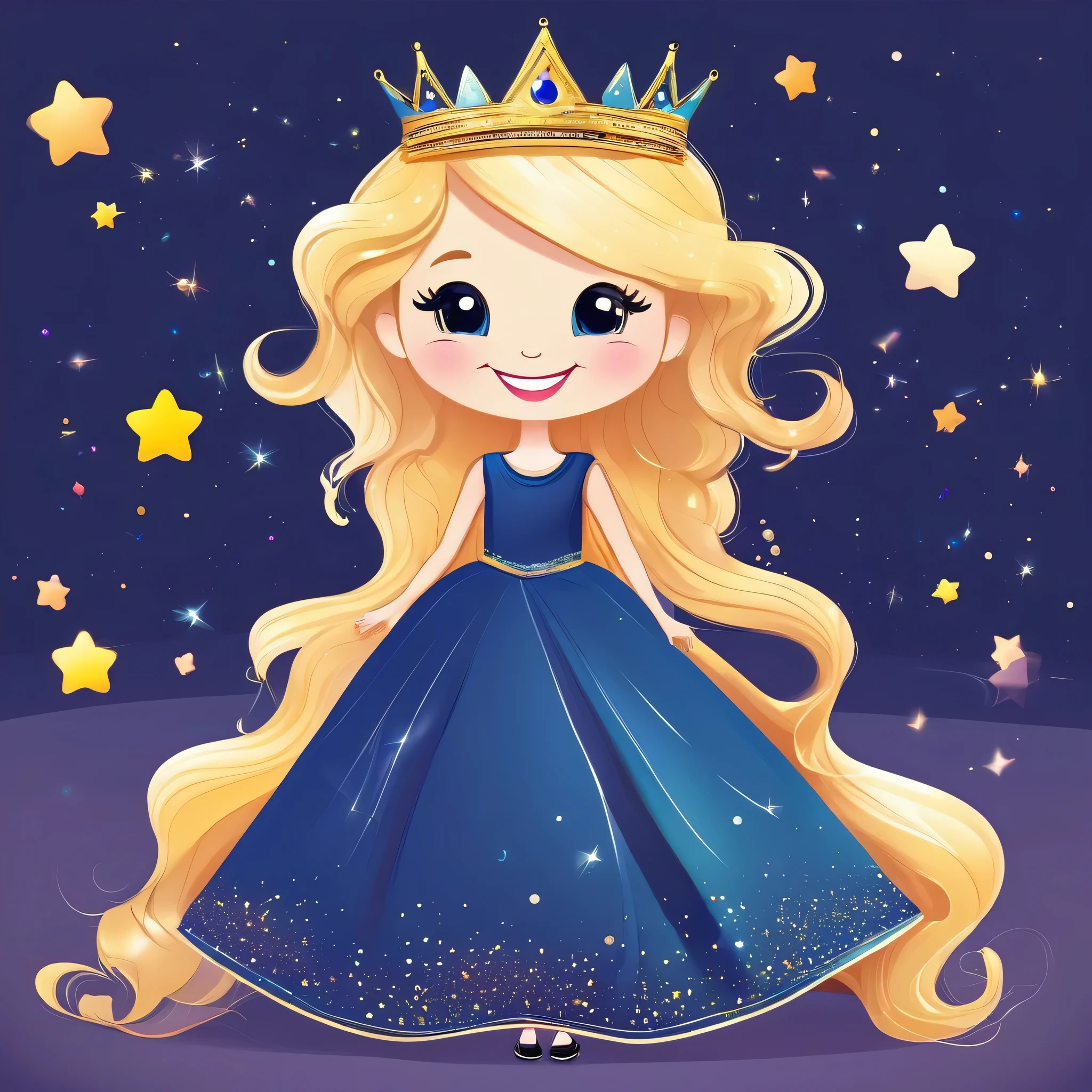 PRINCESS SMILE CUTE face ILLUSTRATION PAGE VIVED COLORFUL LONG DRESS TO FLOOR BLOND HAIR CROWN FULL BODY ON PAGE full dress shiny dark blue BACKGROUND