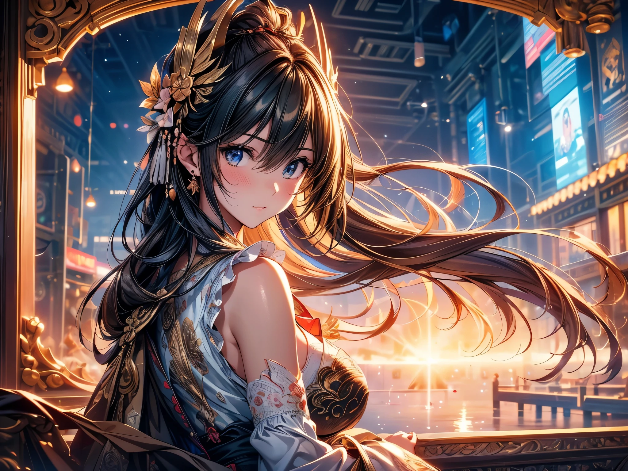 (original photo, best quality), (Practical, photo-Practical:1.3),best quality,Very detailed,masterpiece,Super detailed,illustration,1 Girl,superior_Body,Dynamic Angle,world masterpiece theater,messy_long_hair,best quality,Extremely detailed CG Unity 8K wallpaper,ink,Astonishing,Movie Lighting,lens_Flare, Dunhuang_style