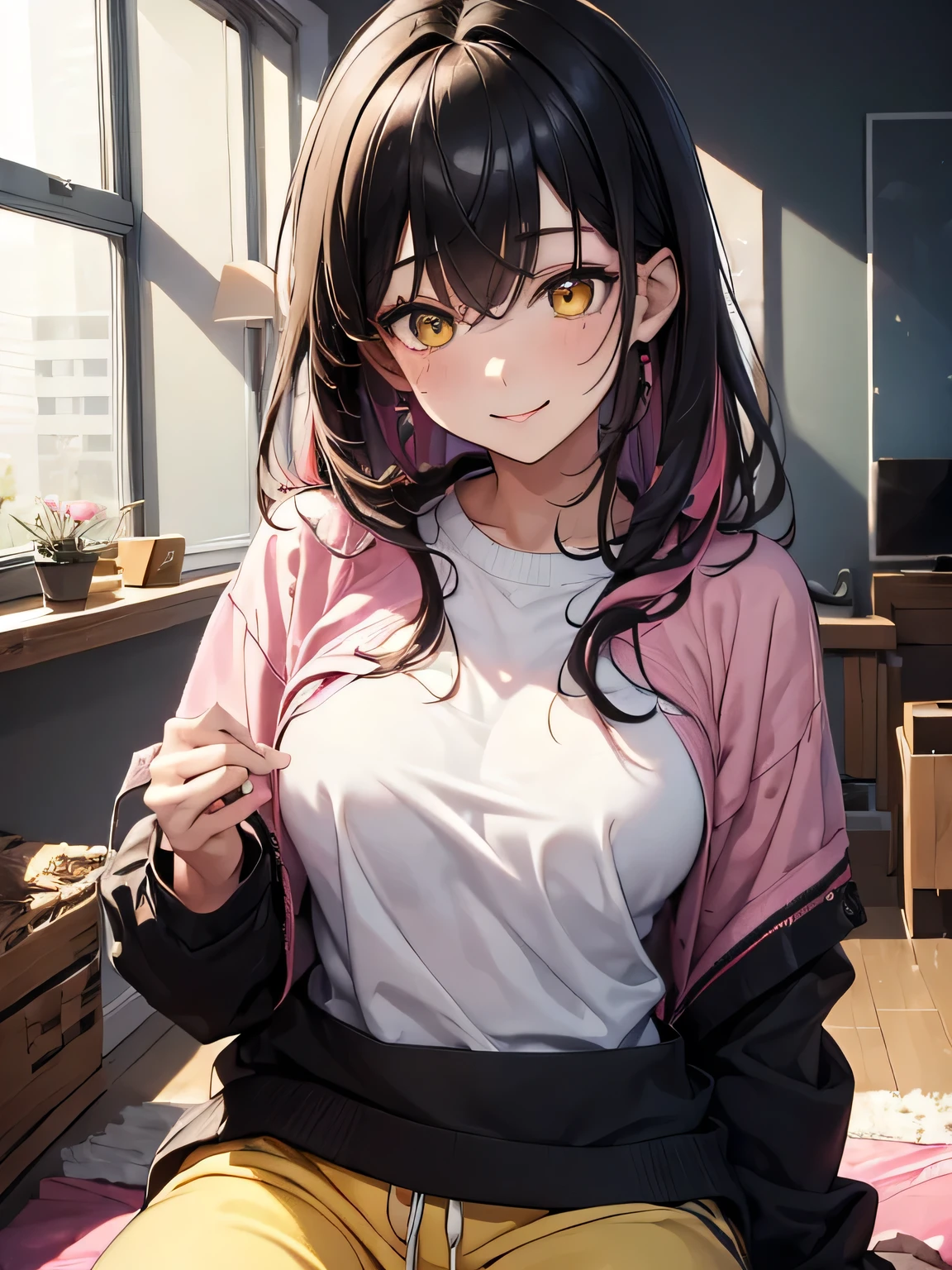 (masterpiece, best quality:1.4), 8k, Black Hair, Pink Highlights Hair, Messy medium Hair, Young adult, anime girl, Smiling, Yellow Eyes, in the Livingroom, Black Sweater, Black Sweatpants (detailed eyes and face, sharp pupils, realistic pupils:0.6)