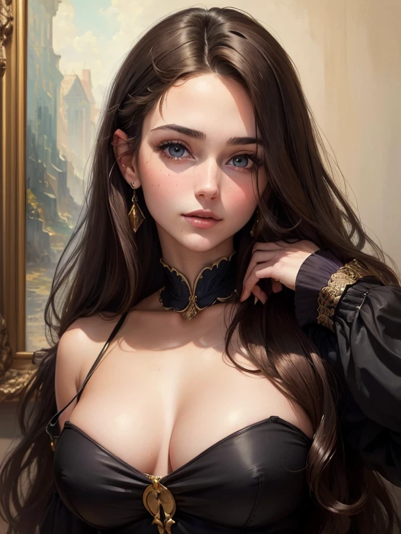 (((portrait, masterpiece))), (((Young beautiful brunette with a deep neckline))), long hair, (((hair doesn&#39;t fall on your face, no facial hair!!!))), Looking straight ahead, realistic. highest quality 16k.