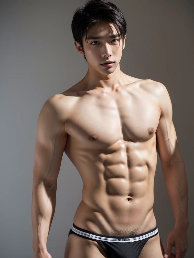 Masterpiece, Best Quality, Solo, Asian Model Men, muscular, studio simple background, Natural eyes, Short and delicate black hair, Sexy Man, looking up at the viewer, shirtless, sexy bikini, huge bulge, Small plots, Standing, Muscular posture, pubes