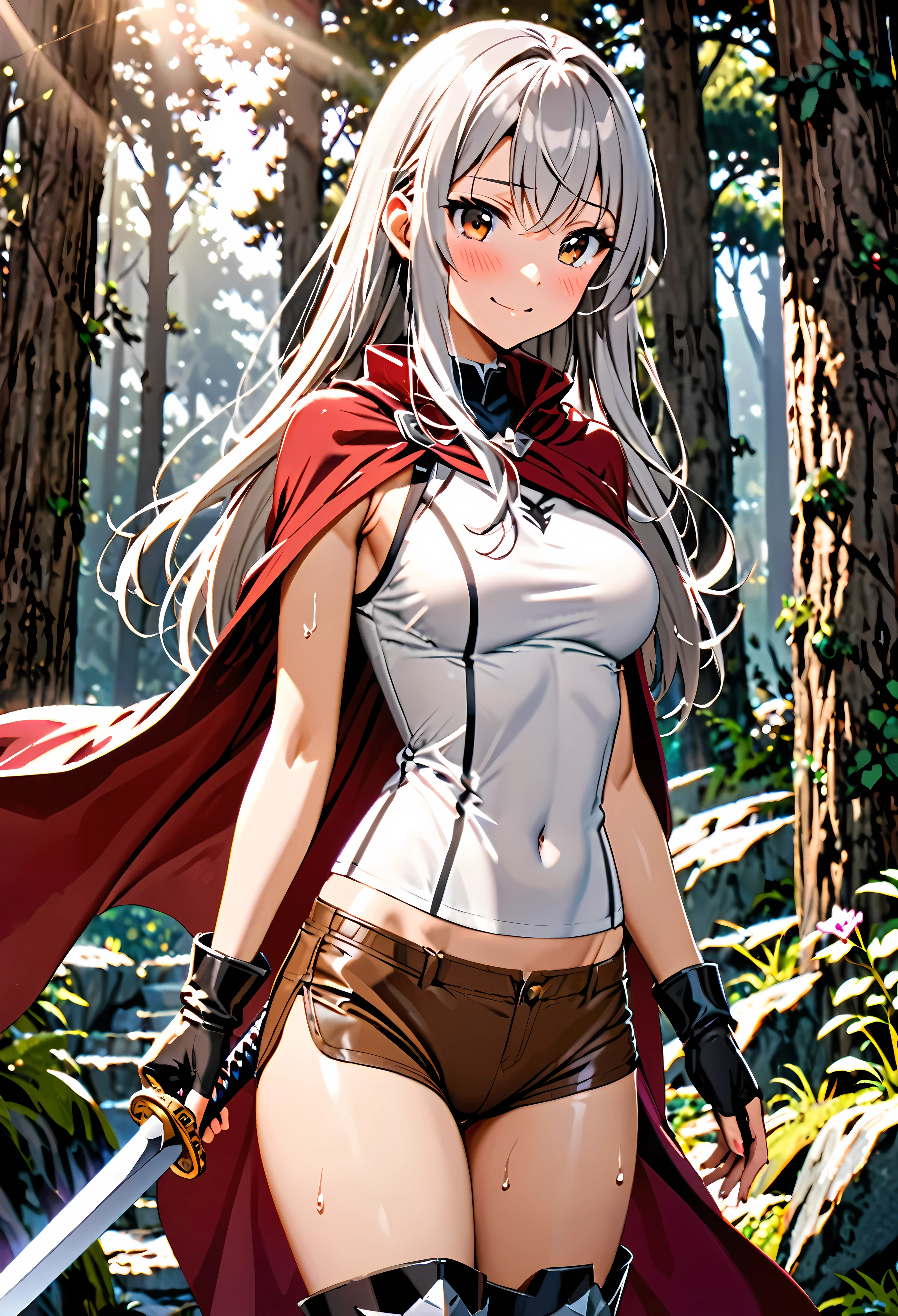 1 female,The perfect 25 years old,((ideal ratio body proportions:1.5,small head:1.7)),(tan skin),((high quality anime, 8k,masterpiece,Perfect Anatomy)),(beautiful detailed face and eyes,gorgeous eye:1.3,Almond Eyes), BREAK ,brown eyes, BREAK ,female knight、(silver hair),Straight long hair,bangs,smile,shy,blush, BREAK ,cowboy shot,medium breasts,slender body,skinny,sweat, BREAK ,Red cloak、A simple sleeveless top in off-white、navel, Brown leather micro shorts、Brown leather long boots、Sword,standing、 BREAK ,A world of swords and magic、Mountain trail、sunlight、