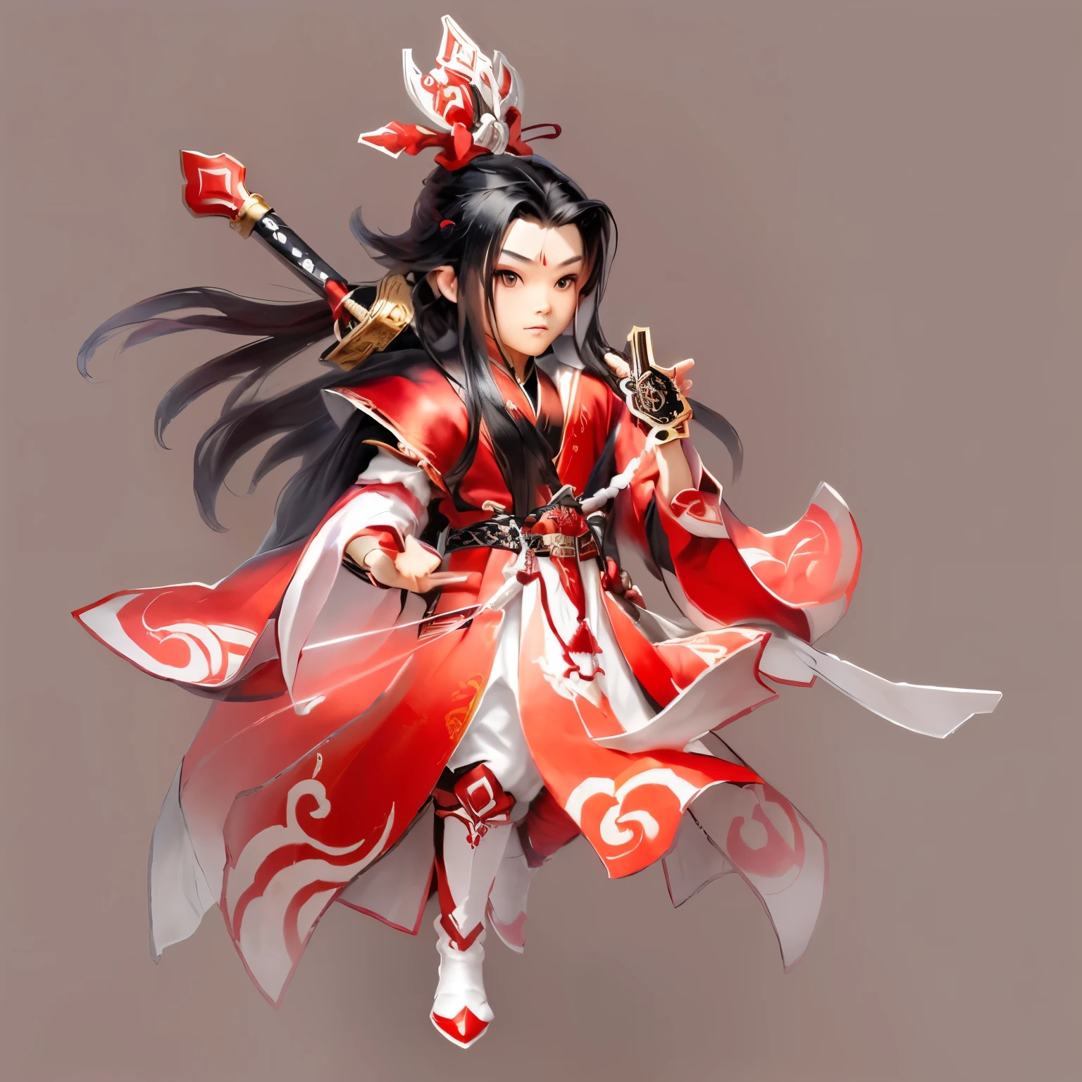 2.5d,A Chinese style little man，Holding a sword，Long hair，Red and white clothes，Feet wear boots，Game characters，Stand sideways，Black hair