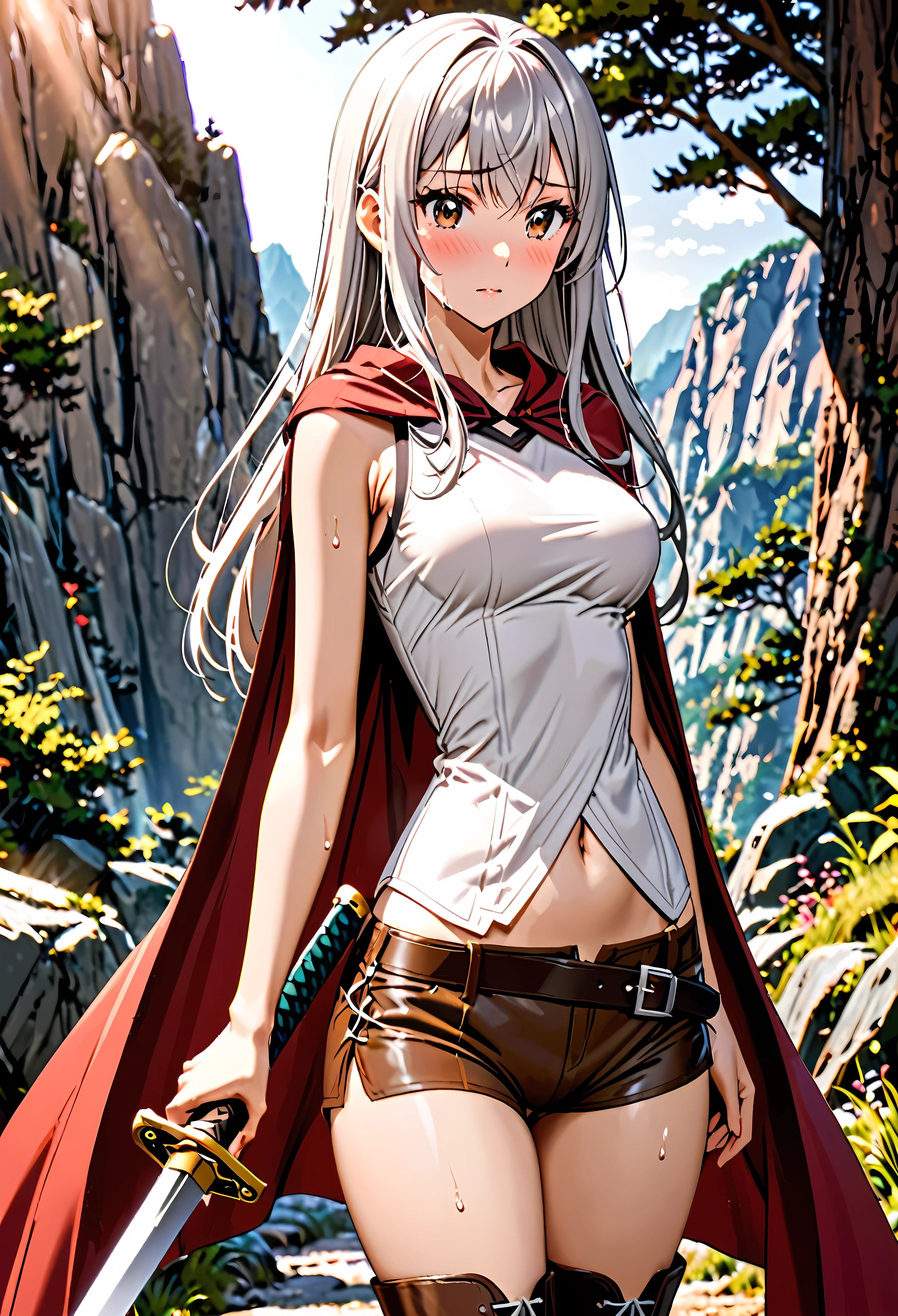 1 female,The perfect 25 years old,((ideal ratio body proportions:1.5,small head:1.7)),(tan skin),((high quality anime, 8k,masterpiece,Perfect Anatomy)),(beautiful detailed face and eyes,gorgeous eye:1.3,Almond Eyes), BREAK ,brown eyes, BREAK ,female knight、(silver hair),Straight long hair,bangs,shy,blush, BREAK ,cowboy shot,medium breasts,slender body,skinny,sweat, BREAK ,Red cloak、A simple sleeveless top in off-white、navel, Brown leather micro shorts、Brown leather long boots、Obi sword at waist,Sword in its sheath、Walking、 BREAK ,A world of swords and magic、Mountain trail、sunlight、