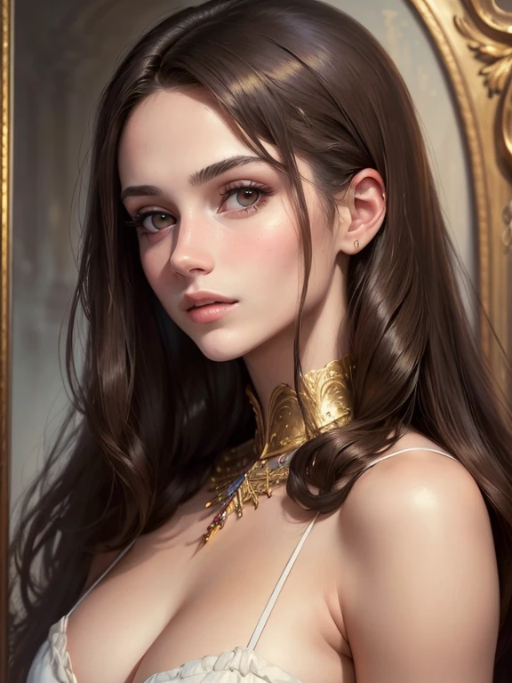 (((portrait, masterpiece))), (((Young beautiful brunette with a deep neckline))), long hair, (((hair doesn't fall on your face, no facial hair!!!))), Looking straight ahead, realistic. highest quality 16k.