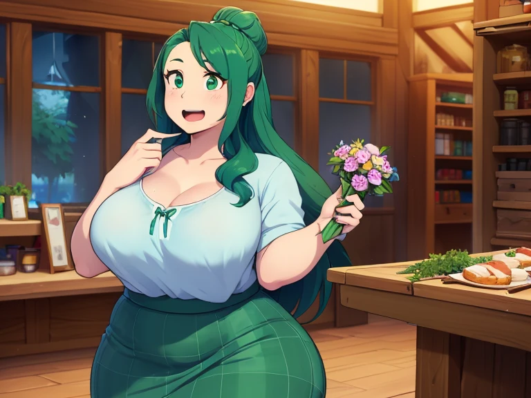  ((masterpiece,best quality)), caroline\(stardew valley\), solo, free long hair, Green hair, green eyes, @_@, medium breasts, light Blue blouse, brown long skirt, shop, behind Cash register, indoors, chubby, mom body, wide thighs, sexy, stardew valley, happy, holding a flower bouquet, surprised face, surprised open mouth