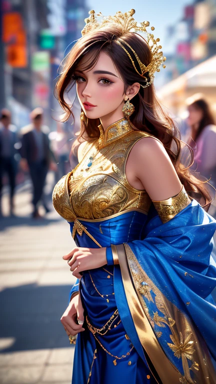 Beautiful princess in blue and gold corset and suit, Delicate face、Detailed eyes and face、double eyelid、Perfectly balanced face、majestic appearance, extremely detailed ArtJam, ArtJam. Attention to detail, ArtJam detailed, style ArtJam, ArtJam style, in style of ArtJam, Samira from League of Legends, Body shot of the goddess in the movie, style of ArtJam, alena aenami and ArtJam、CG Art、highest quality、Ultra-high resolution、masterpiece、8K、Ultra HD、Full Body Portrait