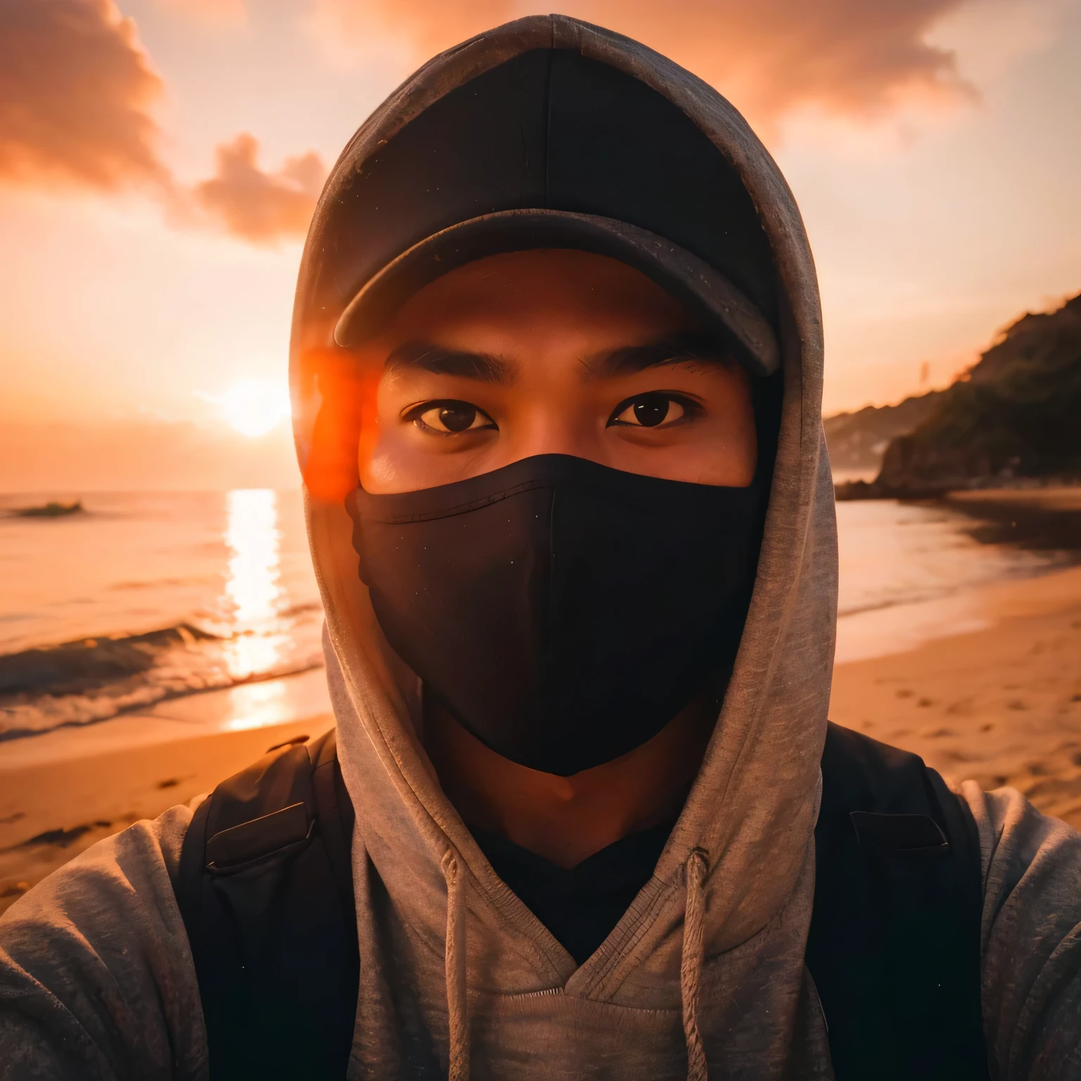 (8K, RAW Photos, selfie Photography, Highest Quality, Intricate Details) Candid photo of a 30 year old indonesian man, kinda fat muscle, nature skin, very short hair, wearing a hoodie and cap and black mask, in the beach, with sunset sea as a background, photography.