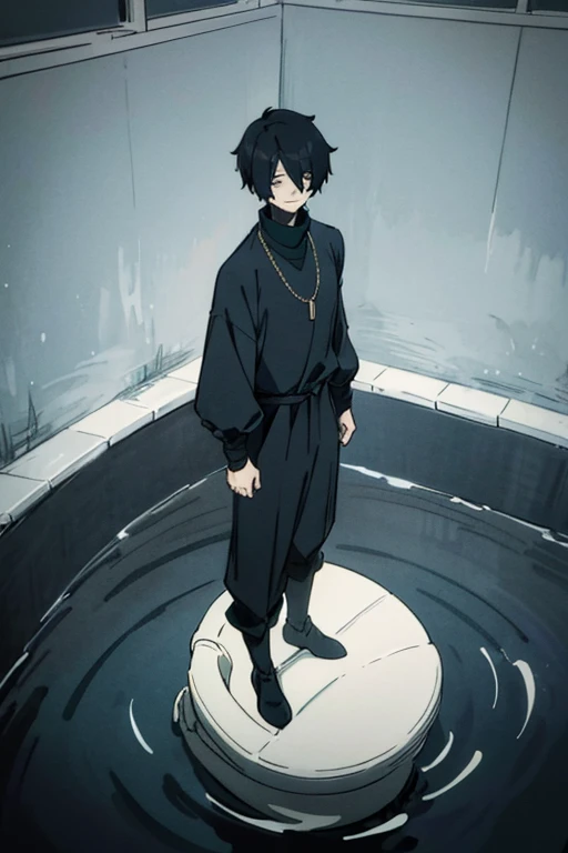 Black hair, necklace, looking at viewer, 1boy, short hair, closed mouth, hair over one eye, black shirt, grey eyes, turtleneck, jacket on the shoulders, black trousers, boots, full body. Stands scared in the toilet. Dark colors. Much water. Waist-deep water