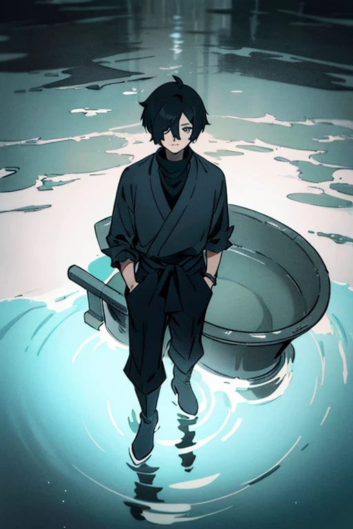 Black hair, necklace, looking at viewer, 1boy, short hair, closed mouth, hair over one eye, black shirt, grey eyes, turtleneck, jacket on the shoulders, black trousers, boots, full body. Stands scared in the toilet. Dark colors. Much water. Waist-deep water