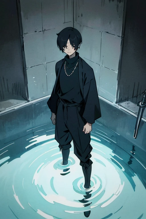 Black hair, necklace, looking at viewer, 1boy, short hair, closed mouth, hair over one eye, black shirt, grey eyes, turtleneck, jacket on the shoulders, black trousers, boots, full body. Stands scared in the toilet. Dark colors. Much water. Waist-deep water