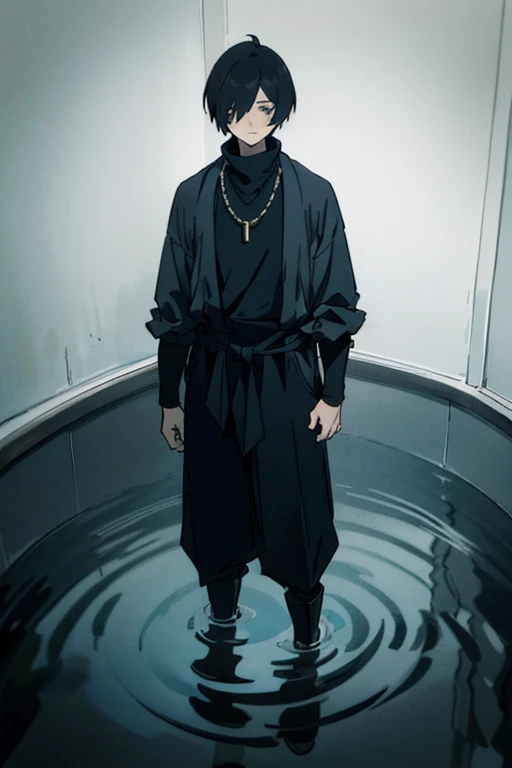 Black hair, necklace, looking at viewer, 1boy, short hair, closed mouth, hair over one eye, black shirt, grey eyes, turtleneck, jacket on the shoulders, black trousers, boots, full body. Stands scared in the toilet. Dark colors. Much water. Waist-deep water