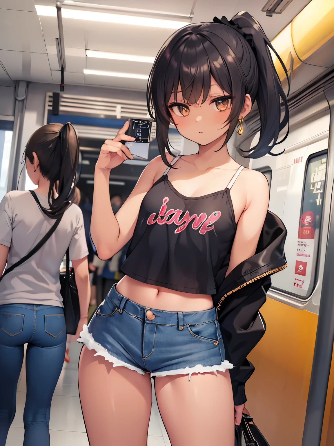 Replying to @sarah_mcdonald, Young cute anime girl, dark hair, dark eyes, (jitome:1.6), (dark skin:1.4), big eyes, (short ponytail: 1.6), asymmetrical bangs, hair over one eye, fringe, earrings, slender, (flat chest:1.4), short height, detailed anime style, anime Painting, anime Face, high quality, high detail, super high resolution, sharpness, sharp contours, cowboy shot, perfect anatomy, golden ratio, (denim miniskirt:1.4), lace tank-top, crowded train,