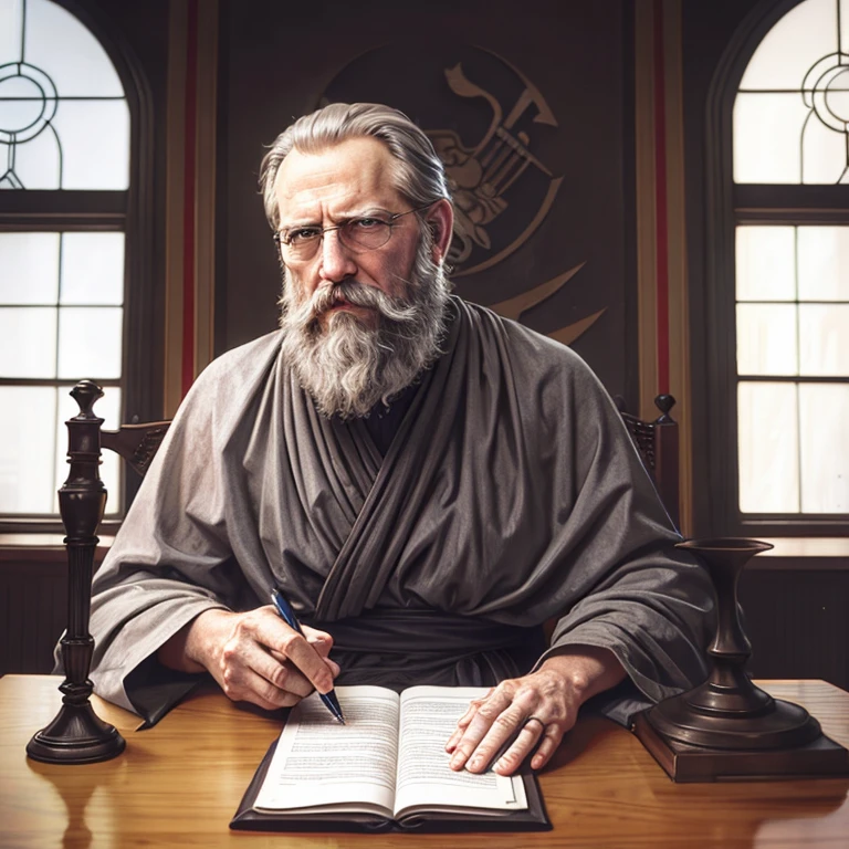 ,bgrtpainting, old magician sitting at the desk in old castle tower,ultra long white beard,gray-haired, writing, magician clothes, long robe