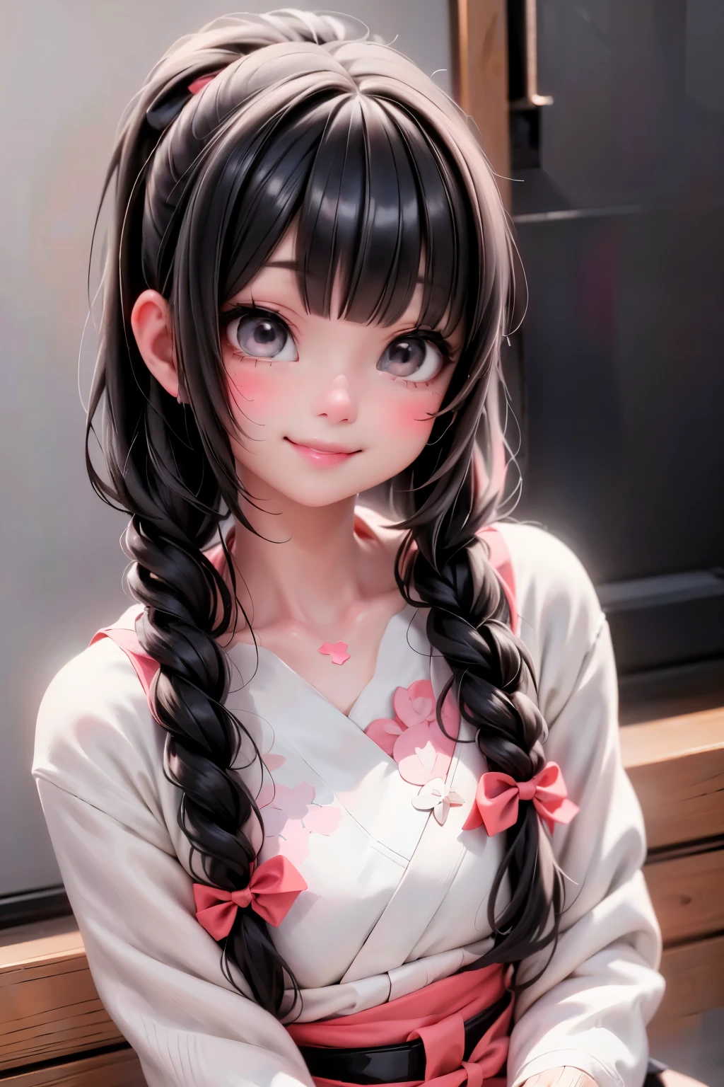1cute girl smiling, spring fashion clothing, japanese clothing style, red smokey eyes mekeup, blush, hair accesories, joyful pose, dynamic angle