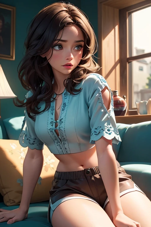 Aunt Cass sitting on the sofa in tight pajama shorts and crop top watching Game of Thrones, very detailed, natural wavy hair, high resolution, masterpiece, best quality, intricate details, highly detailed, detailed skin, realistic skin texture, texture, detailed eyes, professional, 4K, filmed on Canon, 85 mm, faible profondeur de champ, Couleur Kodak Vision, perfect fit body, Extremely detailed, photographier_\(ultra\), photoreallistic, Realstic, Post-traitement, maximum details, roughness, real life, ultra realist, photorealism, photographie, 8K UHD, photographie