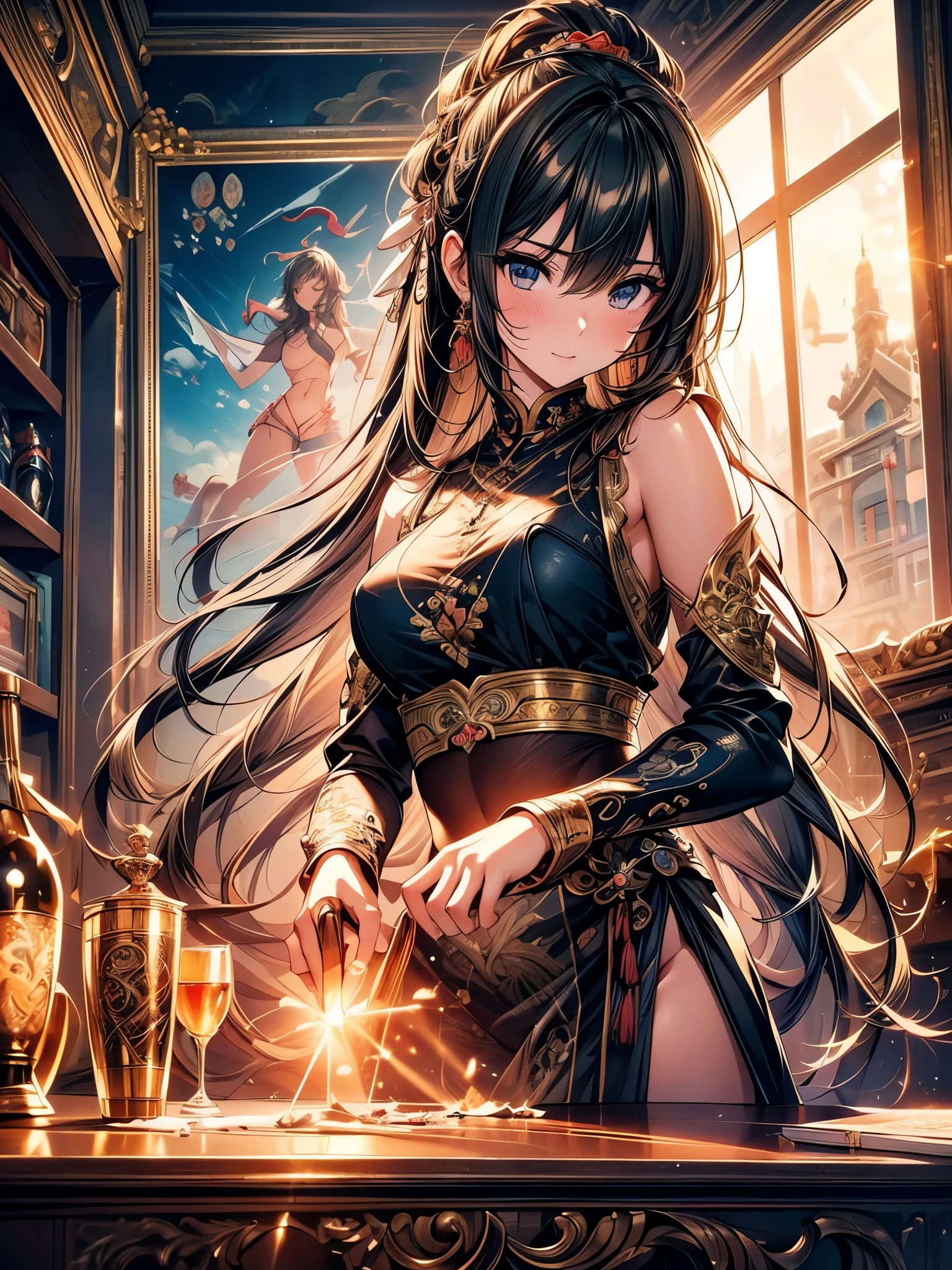 (original photo, best quality), (Practical, photo-Practical:1.3),best quality,Very detailed,masterpiece,Super detailed,illustration,1 Girl,superior_Body,Dynamic Angle,world masterpiece theater,messy_long_hair,best quality,Extremely detailed CG Unity 8K wallpaper,ink,Astonishing,Movie Lighting,lens_Flare, Dunhuang_style