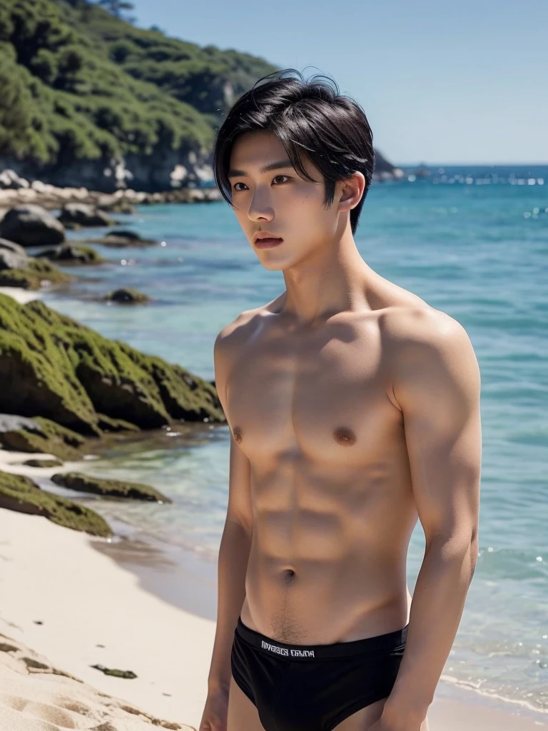 Masterpiece, Best Quality, Solo, Asian Model Men, muscular, simple beach background, Natural eyes, Short and delicate black hair, Sexy Man, looking up at the viewer, shirtless, sexy grey bikini, huge bulge, Small plots, Standing, Muscular posture, pubes