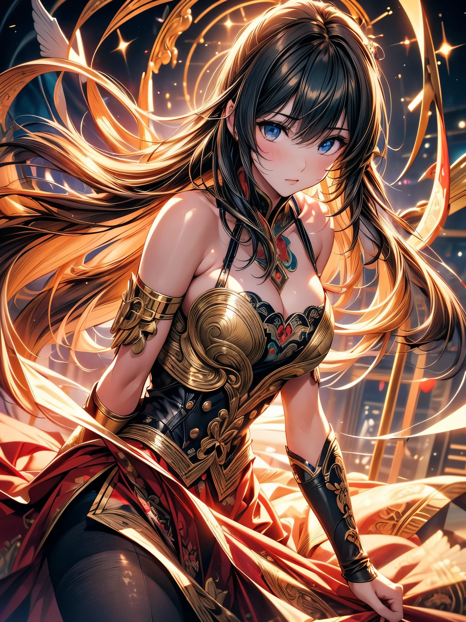 perfect ???????, masterpiece:1.4, best quality, 8k, beautiful detailed grow, daydreaming expression:1.4, Precise and unmatched illustrations:1.3, break, (((Shoot flares from her hands))) (solo straight black hair long hair femdom cute girl, 17 yo, detailed red eyes, ???? smile), in a red Witch Costume, enchanted hands, in the Magic Circle, background is Magic Circle.