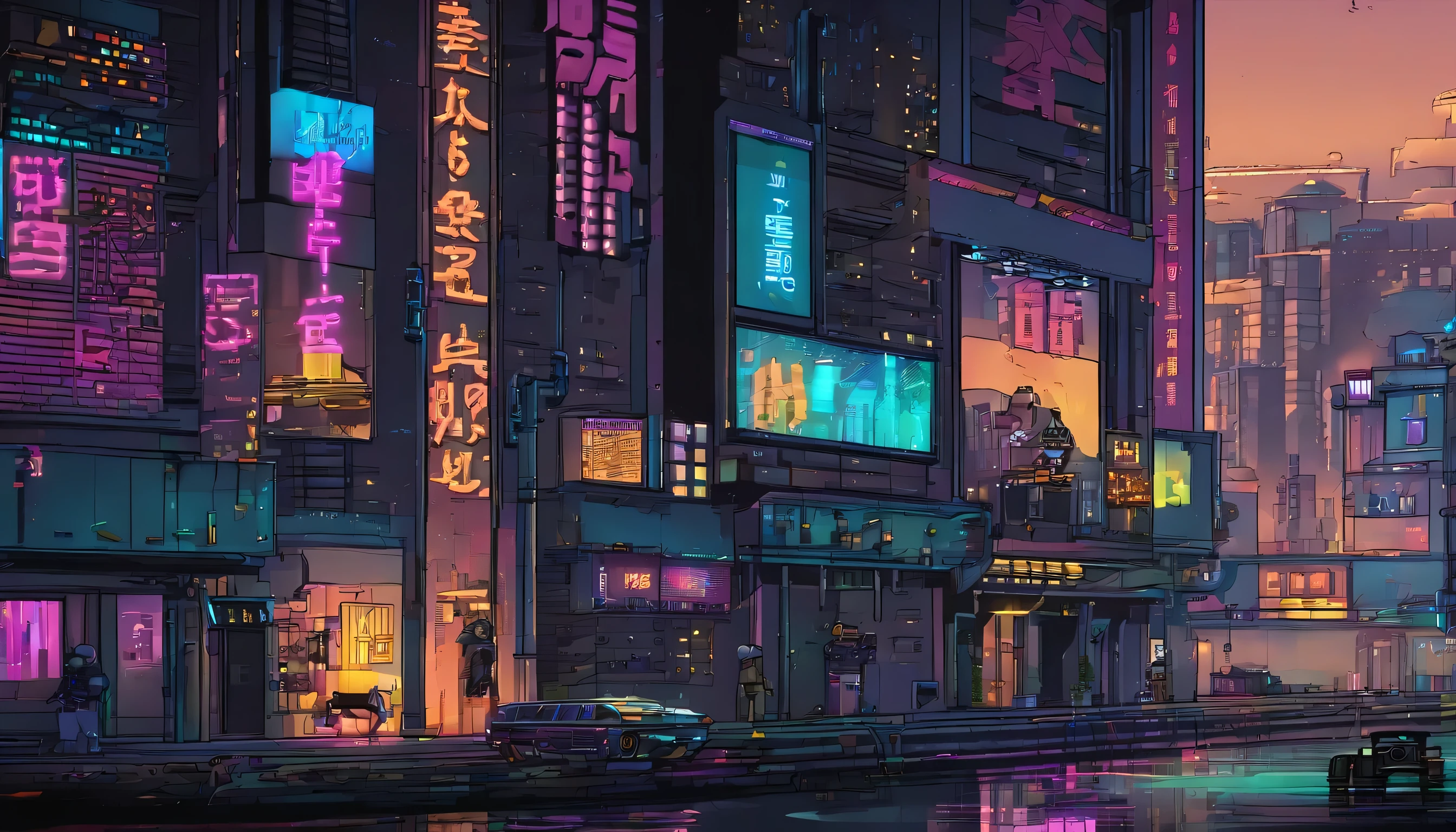 (cyberpunk:2),cyberpunk 2077, city, (night:2),street, energy lines, umbrella, building, sign, rain , pillar, neon lights,dark sky, machine,road, East Asian architecture, window, ladder, water, showcase, puddle,masterpiece, Best quality