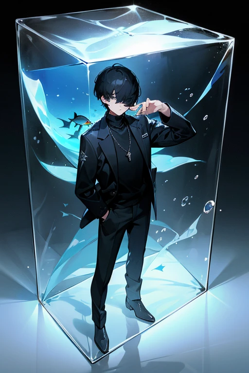 Black hair, necklace, looking at viewer, 1boy, short hair, closed mouth, hair over one eye, black shirt, grey eyes, turtleneck, jacket on the shoulders, black trousers, boots, full body.
Located in an aquarium, in a cube. Water in a cube. Sand. Glass. Fish. Empty space