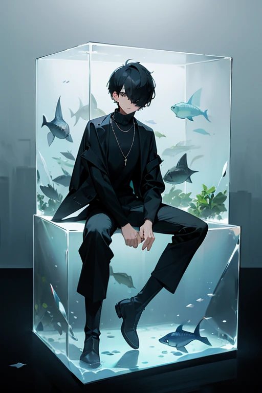 Black hair, necklace, looking at viewer, 1boy, short hair, closed mouth, hair over one eye, black shirt, grey eyes, turtleneck, jacket on the shoulders, black trousers, boots, full body.
Located in an aquarium, in a cube. Water in a cube. Sand. Glass. Fish. Empty space