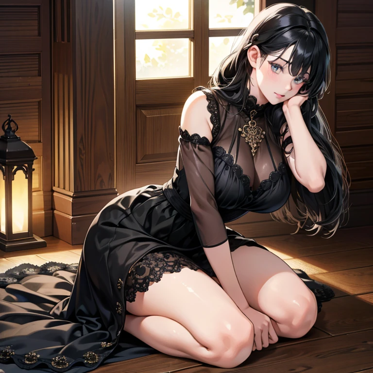 high quality, 最high quality, photo-Realistic, RAW Photos, Realistic, ultra Realistic 8k cg, Very detailed, High resolution, masterpiece, One girl, Loose braid, Black Hair, Iris, spread, Intricate details, Detailed Texture, In detail, Ultra mini skirt,Plump, lavish ornaments, maxi dress, huge breasts that sag a little, sleeveless, hands behind head, black clothes, not divided into top and bottom, see-through, chubby, kneeling, legs apart