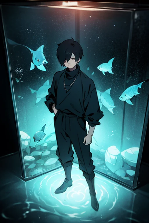 Black hair, necklace, looking at viewer, 1boy, short hair, closed mouth, hair over one eye, black shirt, grey eyes, turtleneck, jacket on the shoulders, black trousers, boots, full body.
Located in an aquarium, in a cube. Water in a cube. Sand. Glass. Fish. Empty space