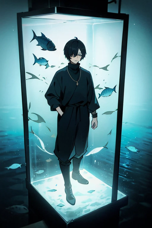 Black hair, necklace, looking at viewer, 1boy, short hair, closed mouth, hair over one eye, black shirt, grey eyes, turtleneck, jacket on the shoulders, black trousers, boots, full body.
Located in an aquarium, in a cube. Water in a cube. Sand. Glass. Fish. Empty space