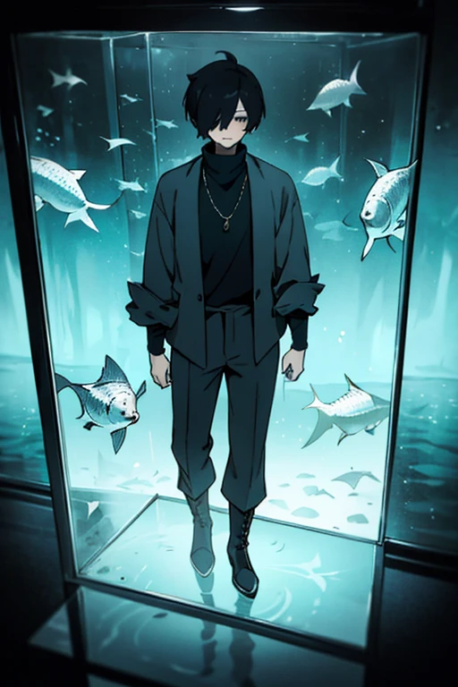 Black hair, necklace, looking at viewer, 1boy, short hair, closed mouth, hair over one eye, black shirt, grey eyes, turtleneck, jacket on the shoulders, black trousers, boots, full body.
Located in an aquarium, in a cube. Water in a cube. Sand. Glass. Fish. Empty space