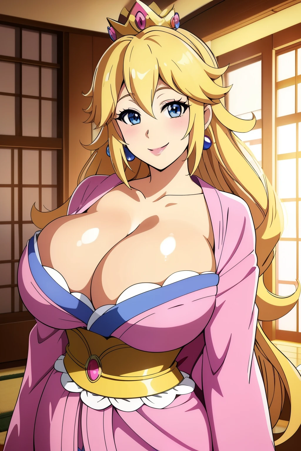 masterpiece, best quality, Princess Peach, big_breasts, blonde_female, blonde_hair,  blue_eyes, breasts, cleavage, hair_between_eyes, hourglass_figure, huge_breasts, solo, 1girls,  pink kimono, japan, upper body, bedroom,  looking_at_viewer, smile
