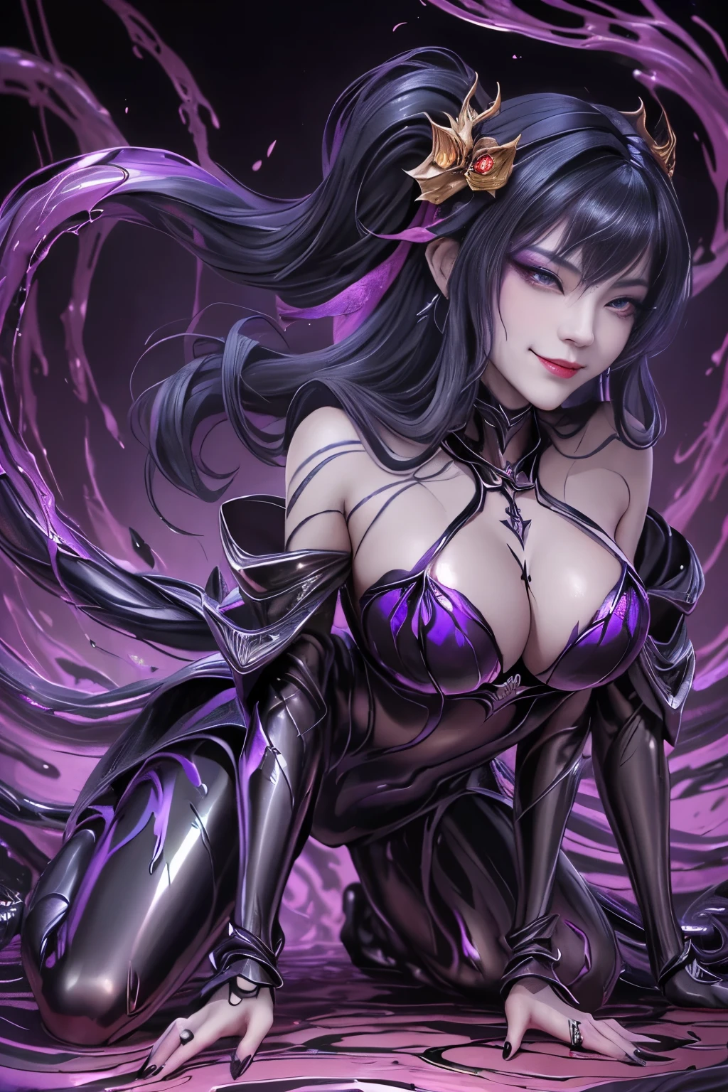 arcane arachnid lady, elise the spider queen, league of legends, arcane arachnid, fighting stance, ( body formed from metallic mauveine and metallic black liquid metallic paint twisting into a beautiful interpretation of the female figure), long sharp fangs, au naturel, ((complex metallic colours in the foreground)), (( fluid mechanics, the loveliest smooth scale face makeup, smirky expression)) - dark blood, onyxia