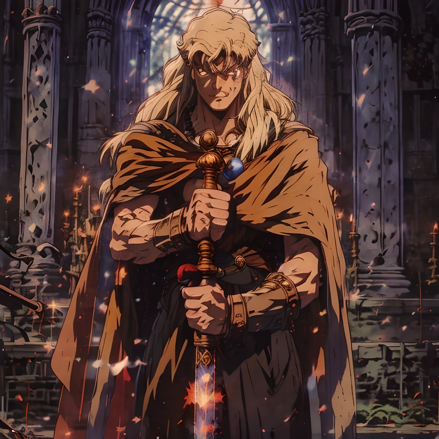 Male, Wizard, monk, with a scepter, cloak, old, spell casting position, background temple, anime, perfect face details