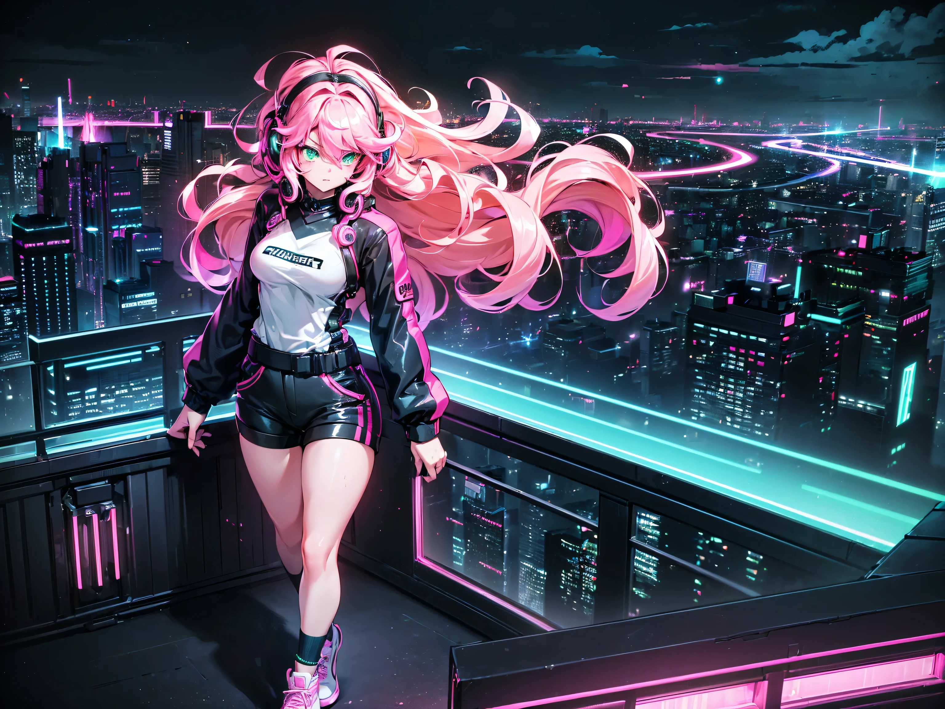 masterpiece:1.4, 1girl ((20year old, dressed in long sleeve shirt, tight black shorts, sneakers, medium breasts, multicolor pink hair, curly long hair, green eyes:1.4, Wearing headphones, standing on a balcony looking out at city:1.1 sci-fi skyline in background:1.1, neon and energetic atmosphere:1.2)) ((nighttime) ((wide camera angle)) ((solo:1.6))
