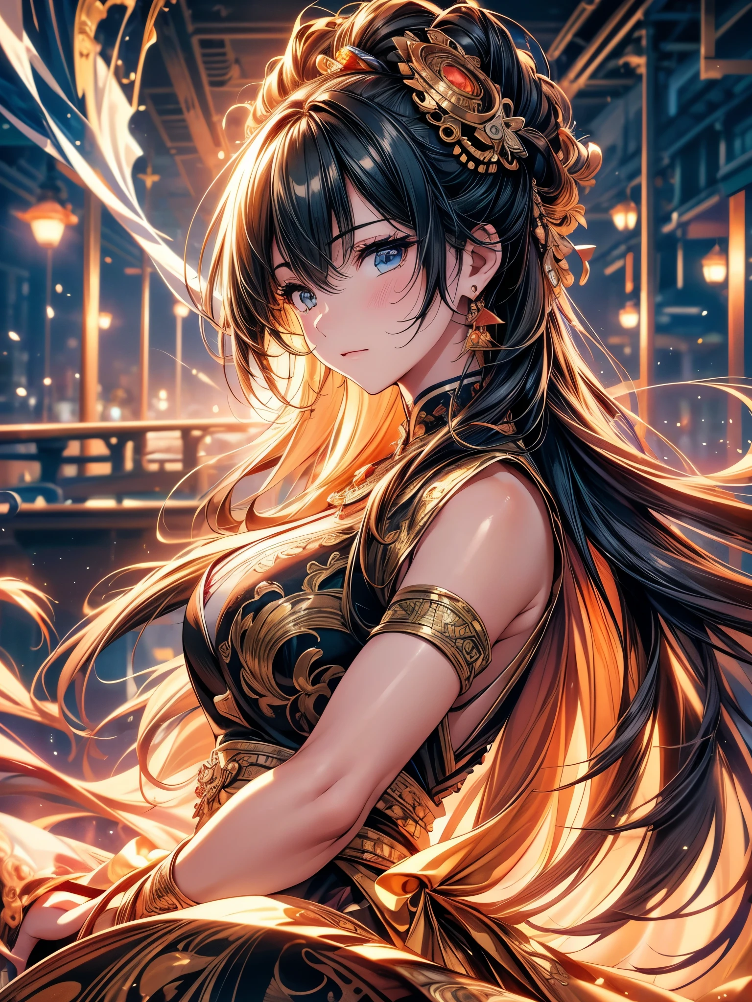 (original photo, best quality), (Practical, photo-Practical:1.3),best quality,Very detailed,masterpiece,Super detailed,illustration,1 Girl,superior_Body,Dynamic Angle,world masterpiece theater,messy_long_hair,best quality,Extremely detailed CG Unity 8K wallpaper,ink,Astonishing,Movie Lighting,lens_Flare, Dunhuang_style