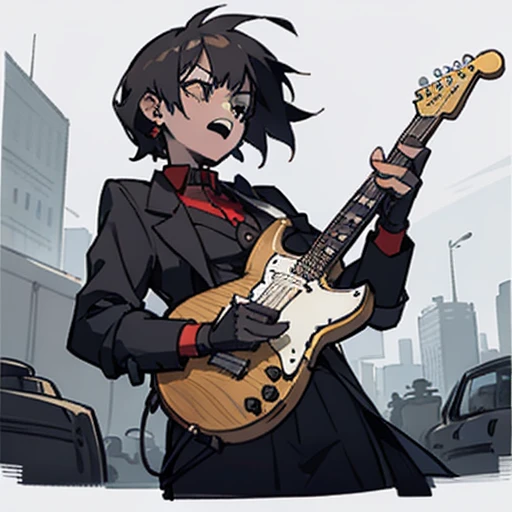 desenho animado de uma garota  com uma guitarra de cor preta, baixista, guitarrista,  do rock sonhadora, fanar garota urbana, badass composition, inspirado em Shog Janit, Fanart oficial, artista @nyquot :14 FLCL + Akira, Lowres, Fanart, the girl plays the guitar, no estilo dos quadrinhos de heavy metal, jamming to music