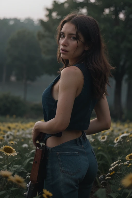 Closeup, Dark, bosstyle, By Franco Fontana and Guy ritchie, amazing quality, masterpiece, best quality, hyper detailed, ultra detailed, UHD, perfect anatomy, dof, hyper-realism, majestic, awesome, inspiring, Vintage lightly dressed Women standing in a row, rear View, fighting with an rifle on an black flower meadow, Fighting a Large giant agricultur tractor, cinematic composition, soft shadows, atmospheric haze, very detailed, raw photo, photorealistic, high detailed texture, 8k uhd, dslr, soft lighting, high quality, film grain, atmospheric haze, Film grain, cinematic film still, shallow depth of field, highly detailed, high budget, cinemascope, moody, epic, OverallDetail, gorgeous, 2000s vintage RAW photo, photorealistic, candid camera, color graded cinematic, eye catchlights, atmospheric lighting, skin pores, imperfections, natural, shallow dof