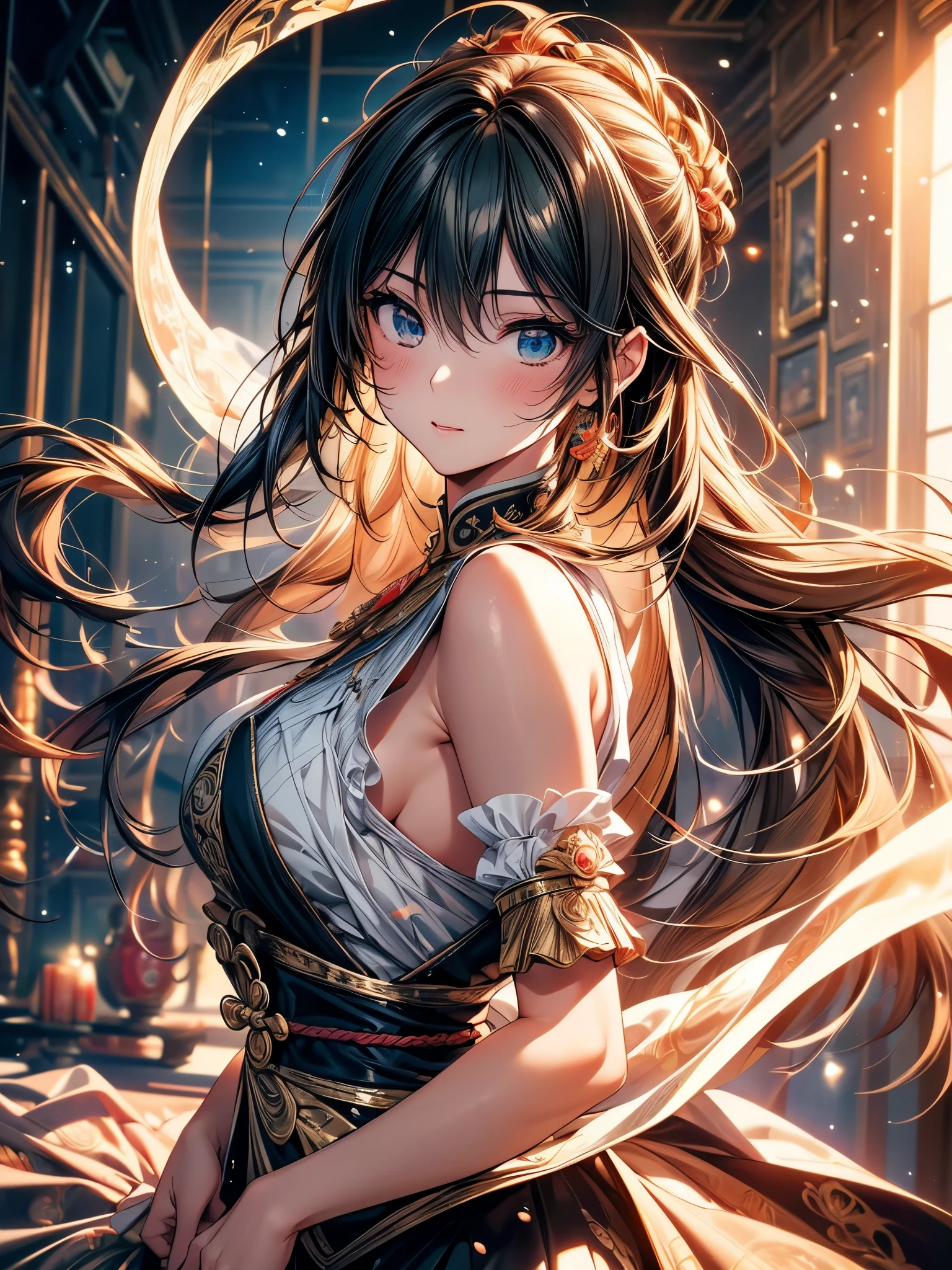 (original photo, best quality), (Practical, photo-Practical:1.3),best quality,Very detailed,masterpiece,Super detailed,illustration,1 Girl,superior_Body,Dynamic Angle,world masterpiece theater,messy_long_hair,best quality,Extremely detailed CG Unity 8K wallpaper,ink,Astonishing,Movie Lighting,lens_Flare, Dunhuang_style