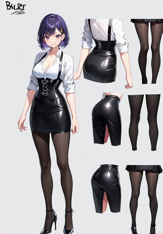 Purple hair,short cut,Adult female,Bartender,((Rolling up your sleeves shirt)),(Corset),(Tight skirt),High heels,((Simple background)),Smile,((Full body)),((whole body)),Character Sheet,