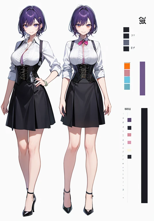 Purple hair,short cut,Adult female,Bartender,((Rolling up your sleeves shirt)),(Corset),(Tight skirt),High heels,((Simple background)),Smile,((Full body)),((whole body)),Character Sheet,