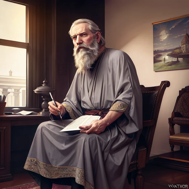 ,bgrtpainting, old magician sitting at the desk in old castle tower,ultra long white beard,gray-haired, writing, magician clothes, long robe