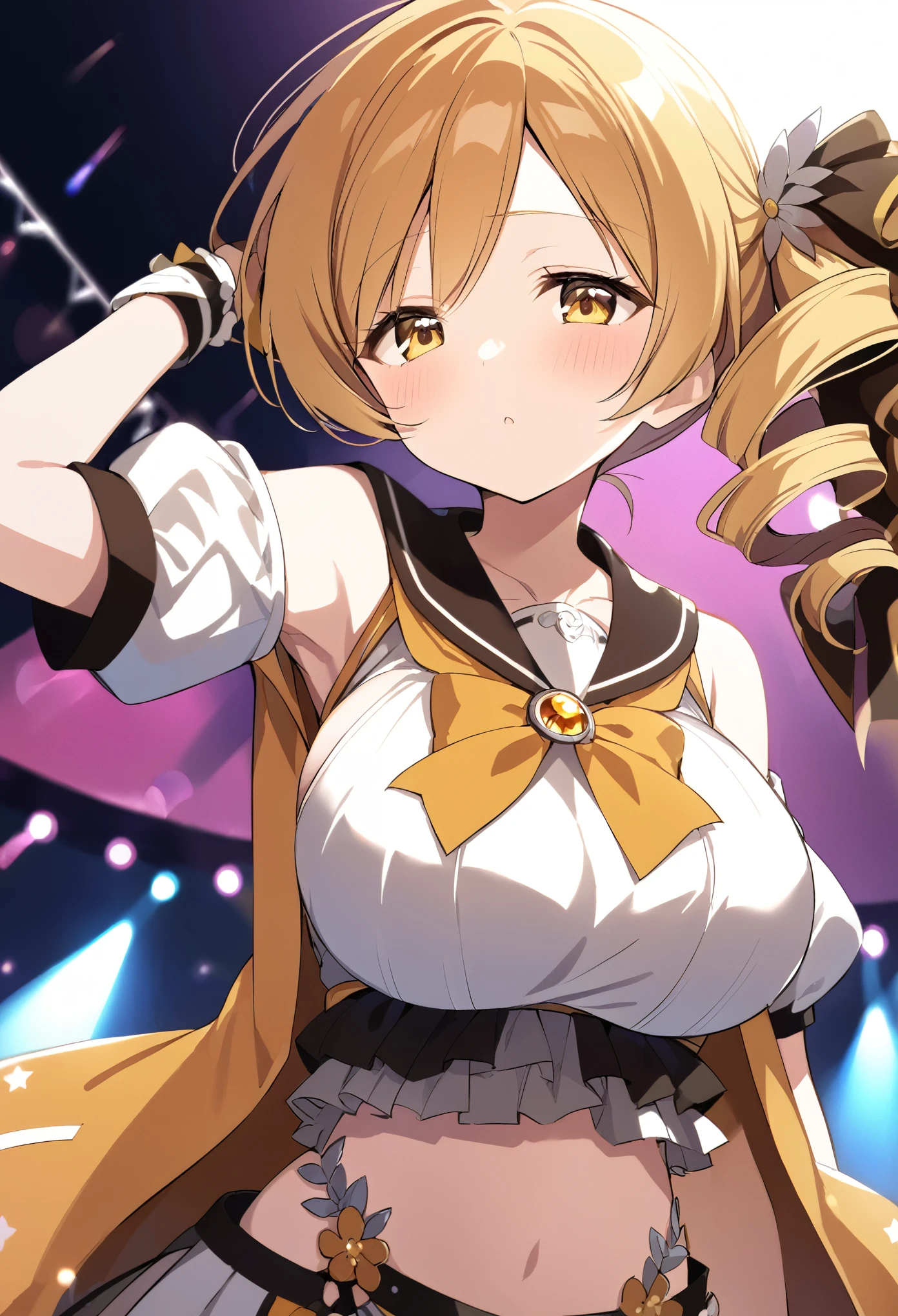 mami tomoe, blonde hair, Twin drill hair, yellow eyes, , 1girl ,live stage, Big Breasts,　school uniform solo face up