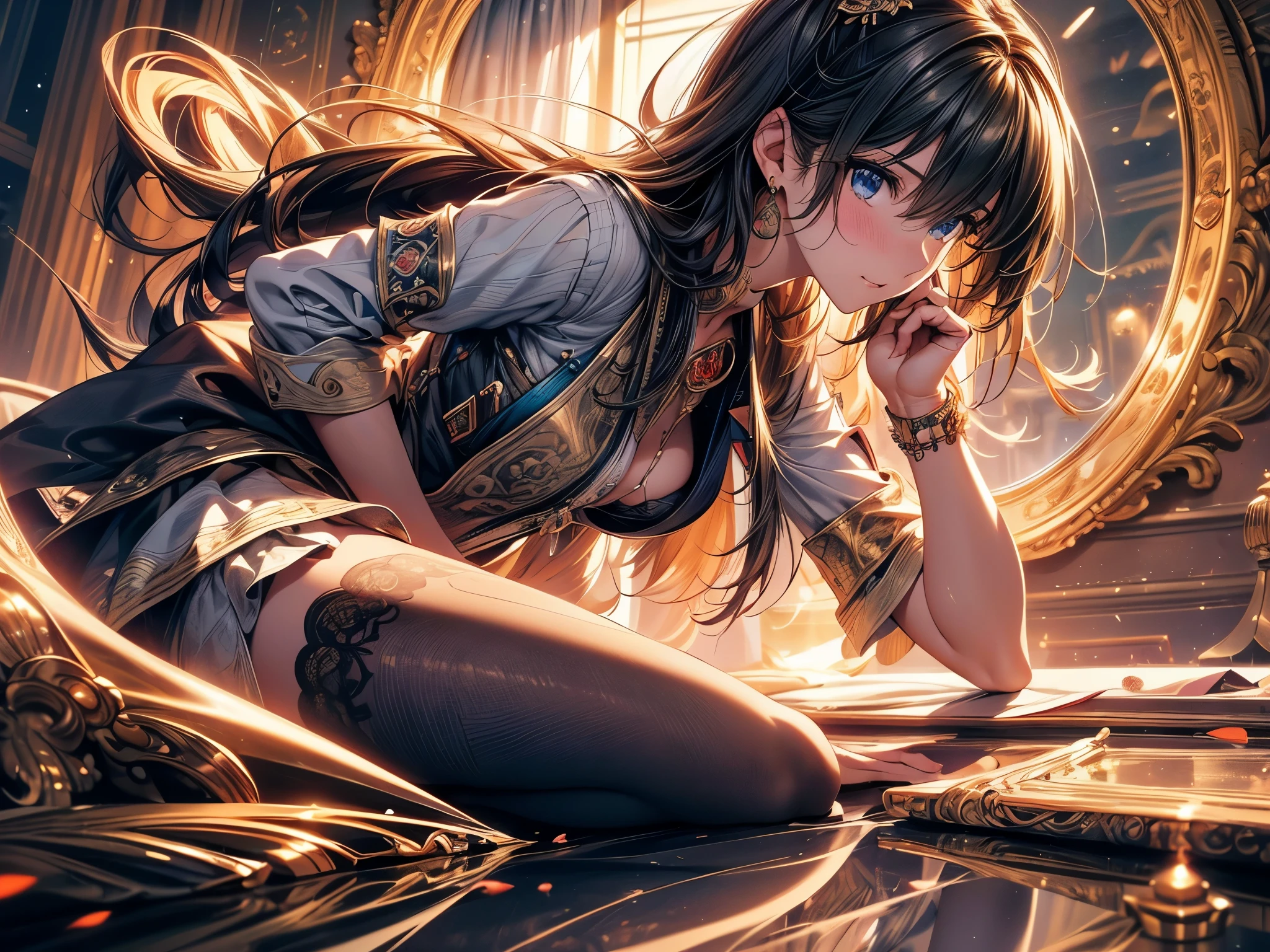 (original photo, best quality), (Practical, photo-Practical:1.3),best quality,Very detailed,masterpiece,Super detailed,illustration,1 Girl,superior_Body,Dynamic Angle,world masterpiece theater,messy_long_hair,best quality,Extremely detailed CG Unity 8K wallpaper,ink,Astonishing,Movie Lighting,lens_Flare, Dunhuang_style