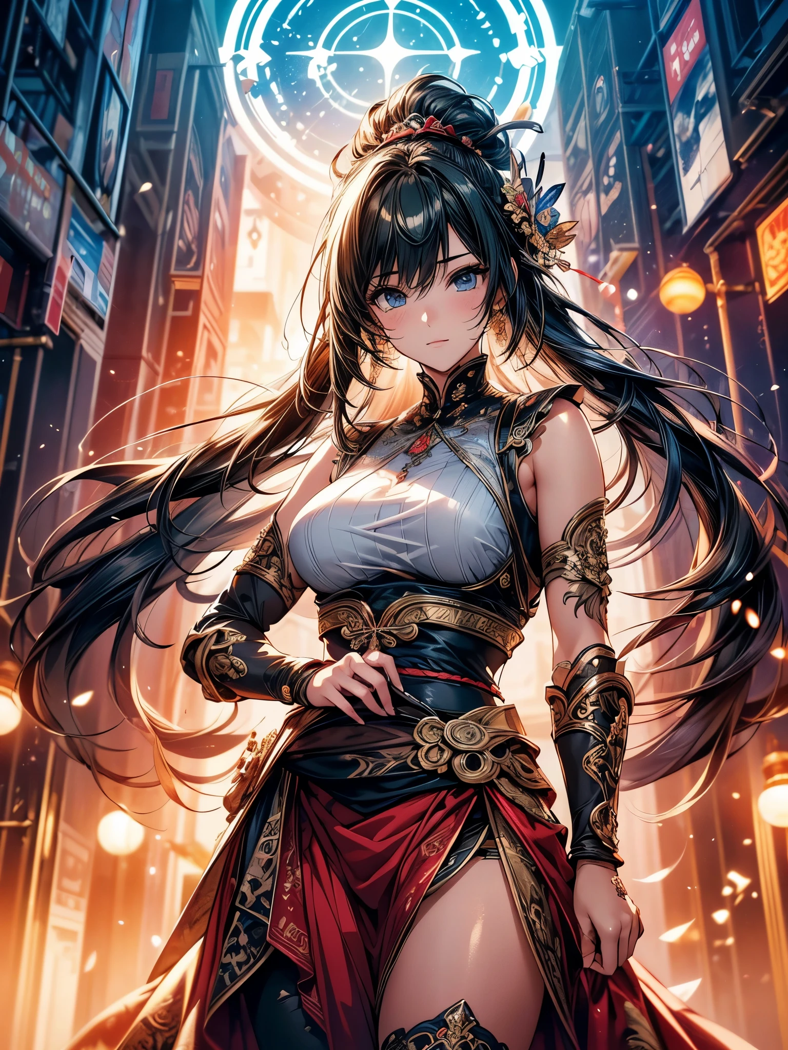 (original photo, best quality), (Practical, photo-Practical:1.3),best quality,Very detailed,masterpiece,Super detailed,illustration,1 Girl,superior_Body,Dynamic Angle,world masterpiece theater,messy_long_hair,best quality,Extremely detailed CG Unity 8K wallpaper,ink,Astonishing,Movie Lighting,lens_Flare, Dunhuang_style