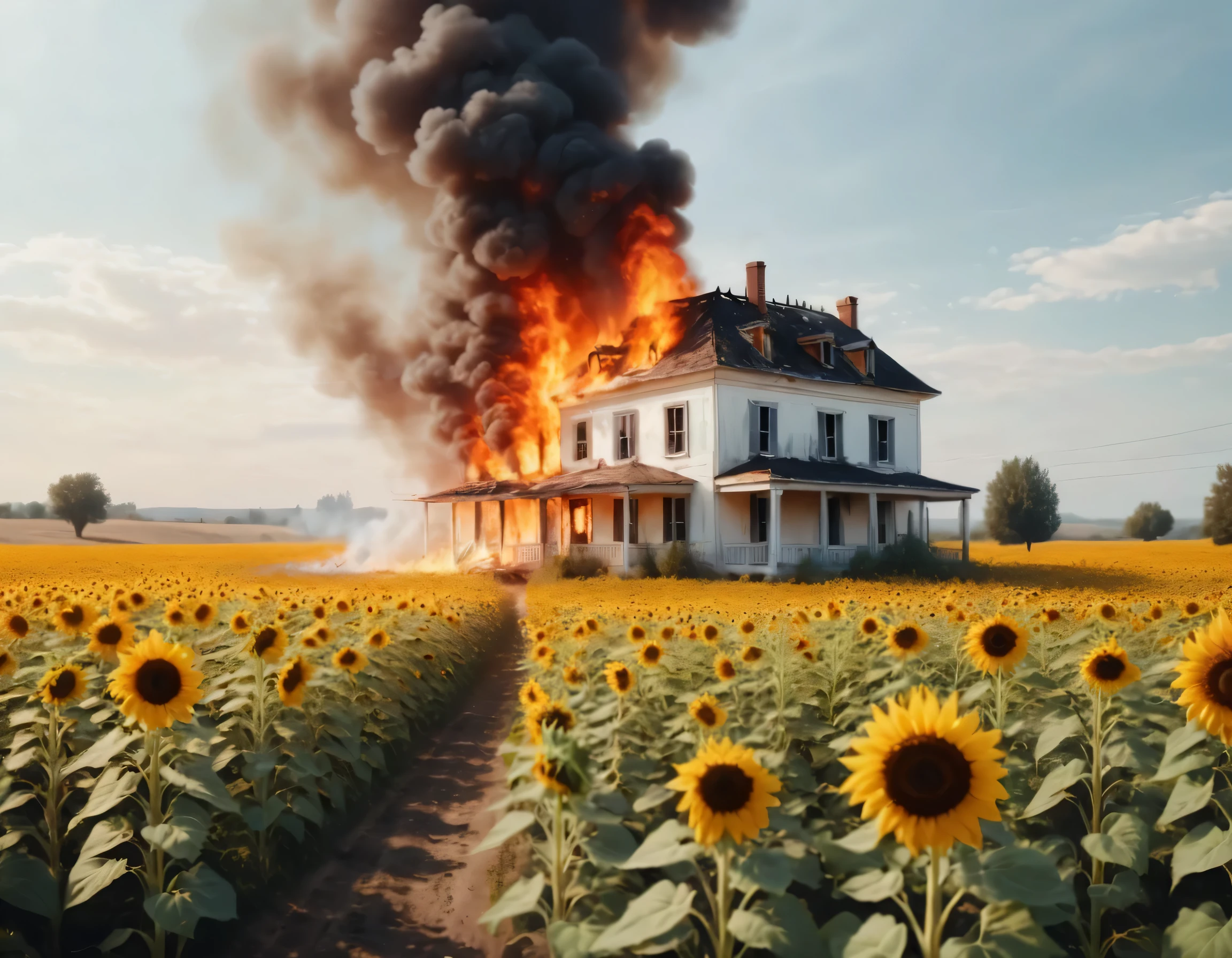 cinematic painting of a burning white painted house in the middle of a sunflower field on daylight