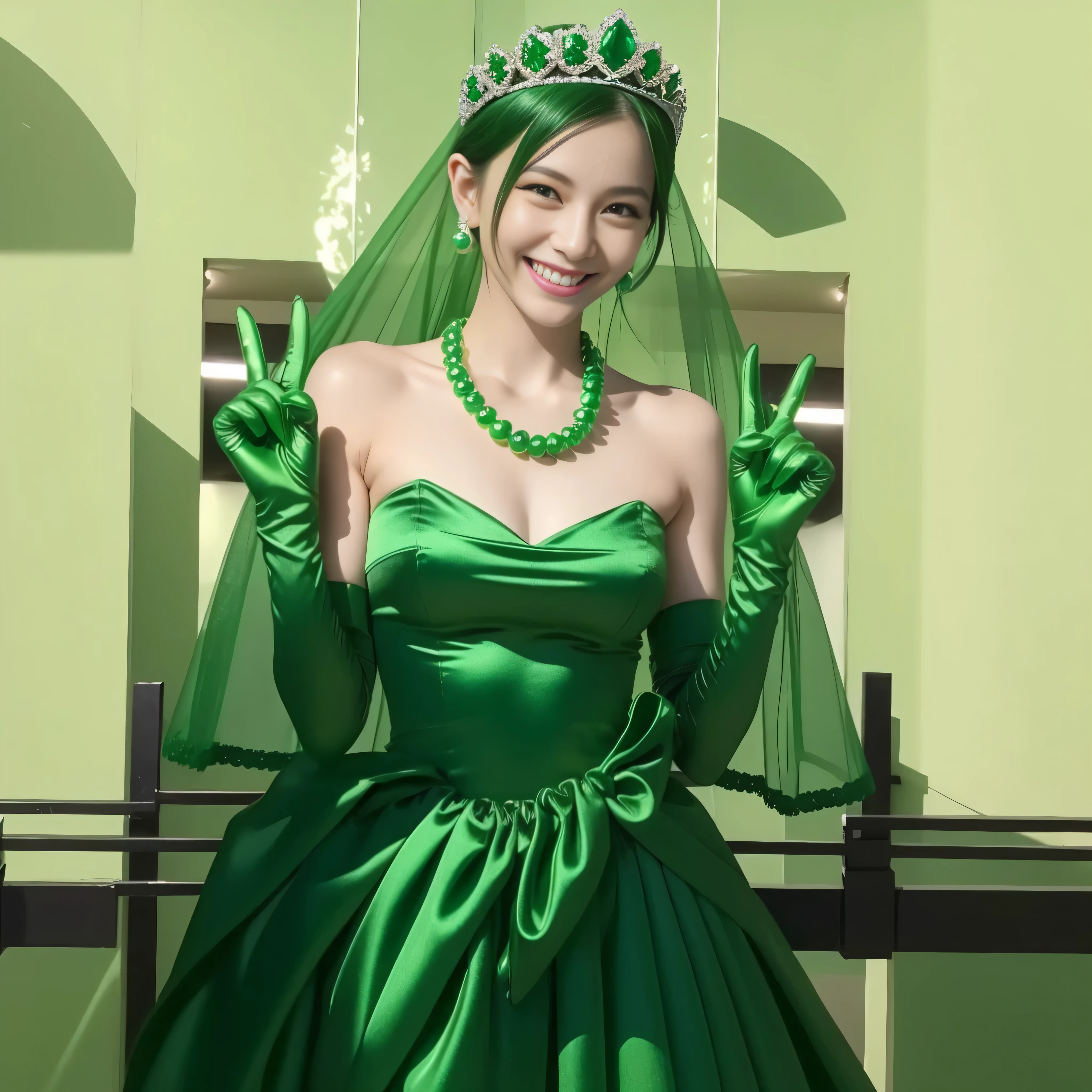 Emerald tiara, Green Pearl Necklace, Boyish very short green hair, lipstick, Smiling Japanese woman, Very short hair, beautiful, Green Eyes, Long green satin gloves, Green Eyes, v sign, Emerald Earrings, Green Veil
